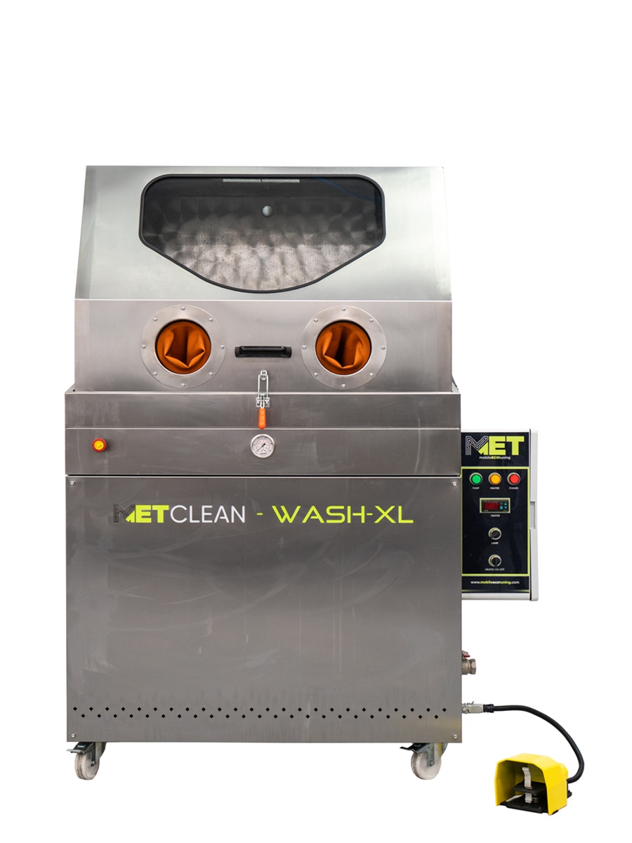 Front on view of the METCLEAN WASH-XL industrial parts washer with glove ports and control panel.